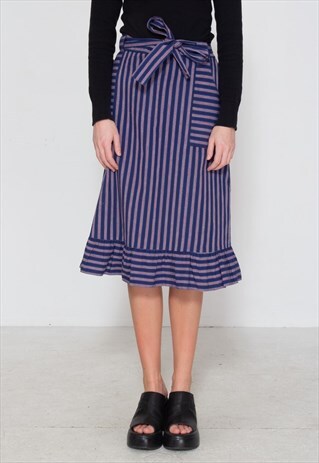 VINTAGE BLUE RED STRIPED WRAP MIDI SKIRT