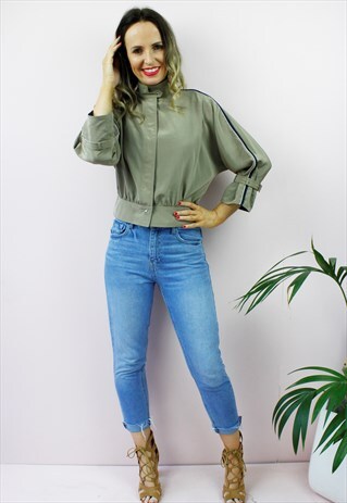 VINTAGE 80'S TAUPE STRIPED BUTTON UP CROPPED JACKET TOP
