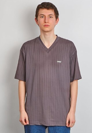 VINTAGE 90'S VERSACE RIBBED V NECK GREY T-SHIRT