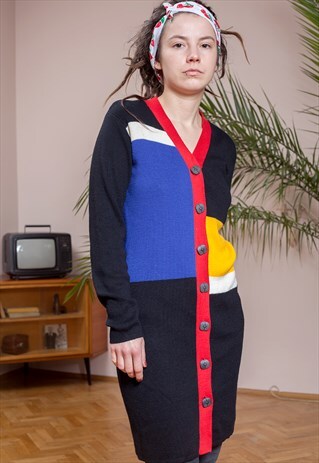 VINTAGE COLOUR BLOCK LONG KNIT CARDIGAN