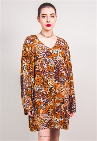 VINTAGE 90'S LEOPARD PRINT LONG COLLARLESS SHIRT DRESS