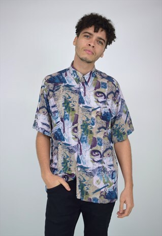 VINTAGE 90'S PURPLE, BLUE & GREEN PRINTED SHIRT