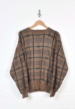 Vintage Knitted Jumper Retro Pattern Brown Large