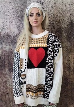 Heart pattern sweater vintage love cable knit jumper white
