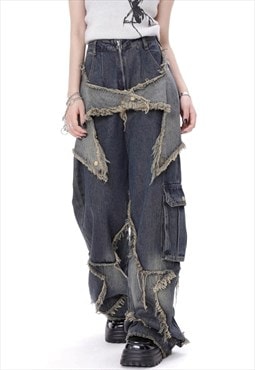 Reworked jeans grunge ripped denim pants in vintage blue