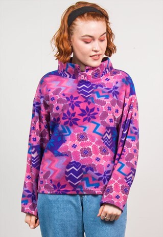 VINTAGE 90'S PINK & PURPLE ABSTRACT PATTERN FLEECE JUMPER