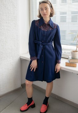 Vintage 70's Blue Midi Log Sleeved Belted PEGGY LANE Dress