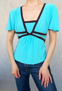 Vintage Turquoise Butterfly Sleeve 00s Blouse, Small to M