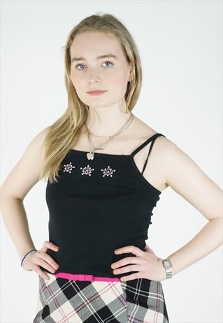VINTAGE 90S BLACK STRAPPY TOP WITH FLORAL BEADED DETAILING