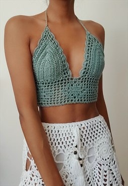 Tianna Sea Green Crochet halter neck tie back crop top 