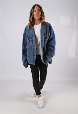 DENIM JACKET LEATHER COLLAR OVERSIZED FITTED UK 18-20 (CVDI)