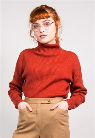 VINTAGE 90'S ORANGE RIBBED ROLL NECK KNIT JUMPER TOP