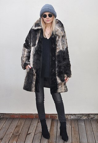 PREMIUM VINTAGE UNUSUAL BOHO ANIMAL PRINT FAUX FUR COAT