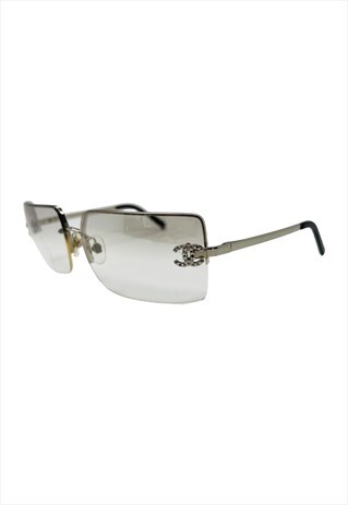 CHANEL RIMLESS RECTANGLE SUNGLASSES CLEAR SILVER CRYSTAL