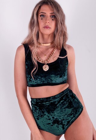EMERALD VELVET CROP AND FULL BRIEF BOTTOMS FESTIVAL SET