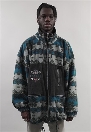 VINTAGE 80'S BLUE PATTERNED ZIP-UP FLEECE JACKET