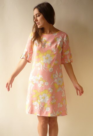 1960'S VINTAGE PINK PSYCH FLORAL MINI SHIFT DRESS
