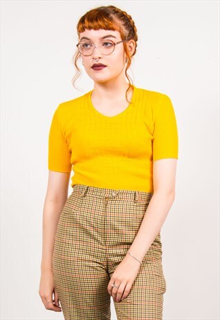 VINTAGE 70'S YELLOW KNITTED RIBBED TOP T-SHIRT