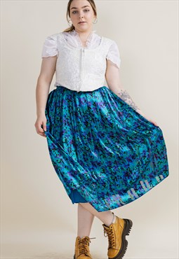 Vintage Crazy Print Satiny Blue Pleated High Waist Skirt L