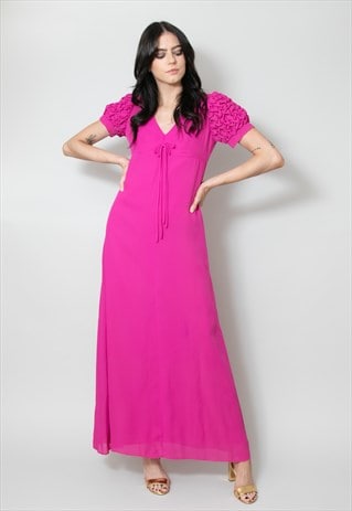 70's Vintage Ladies Pink Short Sleeve Maxi Dress Puff Sleeve