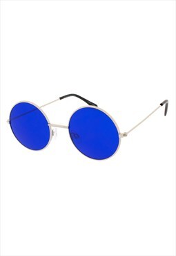Blue Round Sunglasses in Silver with Dark Blue lenses