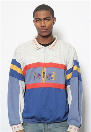 VINTAGE ADIDAS 1/4 ZIP SWEATSHIRT GREY AND BLUE