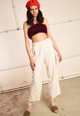 90'S RETRO MINIMALIST PARIS CHIC SHORT CUT BEIGE TROUSERS