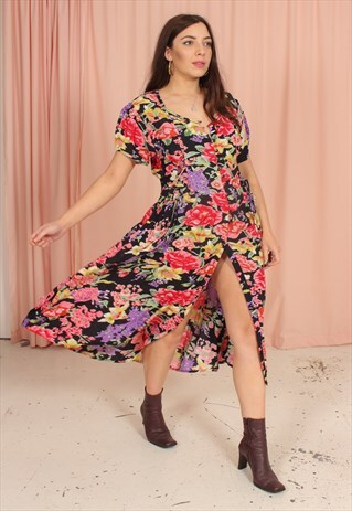 VINTAGE 80S PUFF SLEEVE MIDI DRESS IN WILD FLORAL PRINT