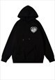 HEART FLEECE HOODIE PATCH PULLOVER RETRO RAVER TOP IN BLACK