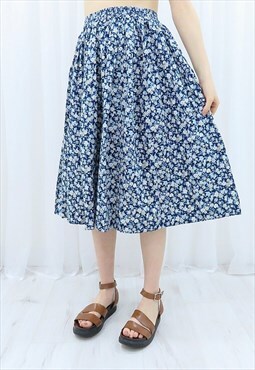 90s Vintage Blue & White Floral Midi Skirt