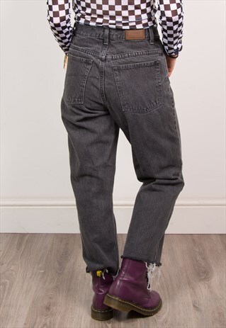VINTAGE 90'S DARK GREY HIGH WAIST FRAYED HEM MOM JEANS