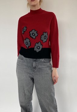 Vintage Knitted Red Abstract Floral Jumper Size XS/S