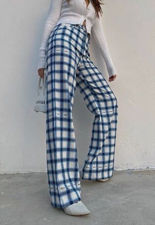 PLAID HIGH WAIST PANTS - BLUE WHITE