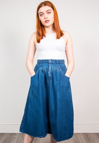 VINTAGE 90'S DARK BLUE DENIM FLOATY HIGH WAIST MIDI SKIRT