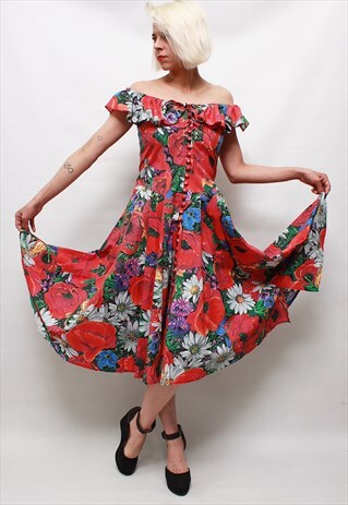 VINTAGE 70'S BEAUTIFUL MEXICO RED FLOWER MIDI DRESS