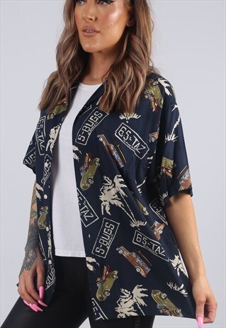 VINTAGE 90'S SHIRT OVERSIZED PATTERNED PRINT HAWAIIAN (C3A)