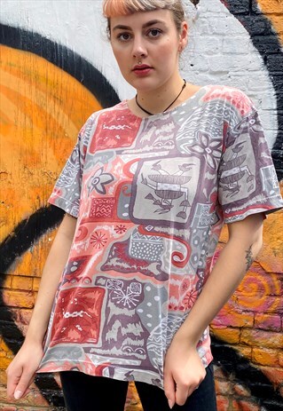 VINTAGE 90S T-SHIRT IN GREY RED ABSTRACT PATTERN