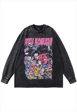 Anime t-shirt vintage wash top Kobushi print long tee grey