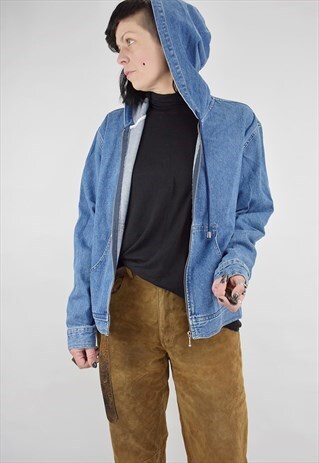 VINTAGE 90S ZIP THRO UNISEX DENIM BOMBER JACKET WITH HOOD