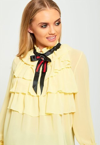 YELLOW RUFFLE HIGH NECK BLOUSE WITH BROOCH