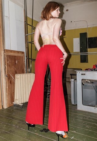 VINTAGE Y2K STRIPED FLARE TROUSERS IN RED