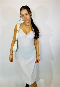 Vintage Size S Sheer Lace Midi Slip Dress in White
