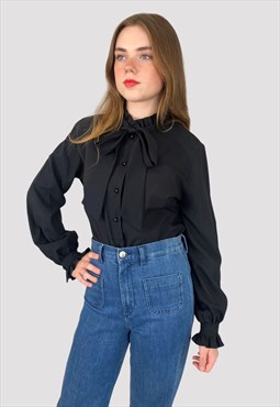 80's Black Vintage Pussy Bow Ruffle Collar Ladies Blouse 
