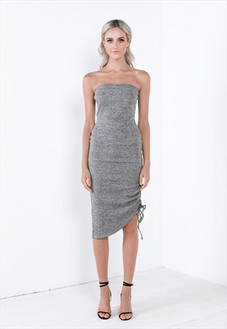 GREY KNIT BODYCON MIDI DRESS WITH VERTICAL RIBBING