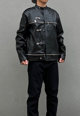 Black Faux leather bomber Baseball jacket 