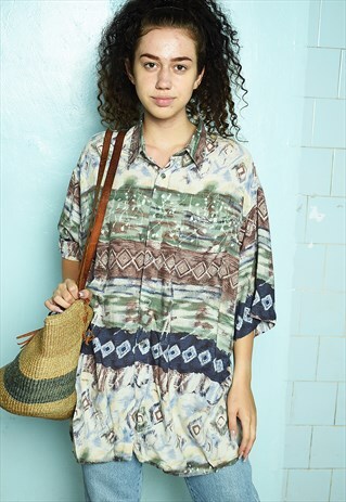 VINTAGE 80S ETHNIC PRINT OVERSIZED FESTIVAL DADS SHIRT TOP