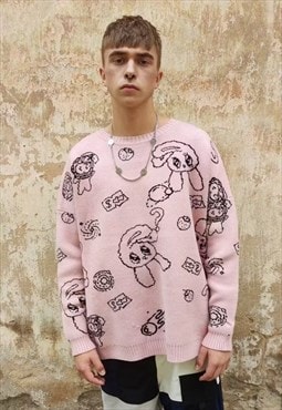 Rabbit print sweater Anime cartoon jumper in dusty pink