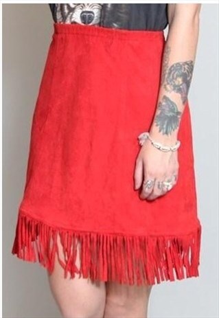 VINTAGE 1970'S VIBRANT RED SOFT SUEDE FRINGED SKIRT