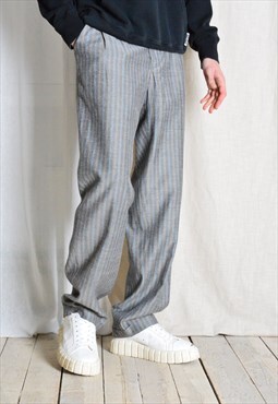 Vintage 80s Grey Striped Linen Blend Pleated Mens Pants