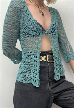 Vintage 90s turquoise crochet cardigan